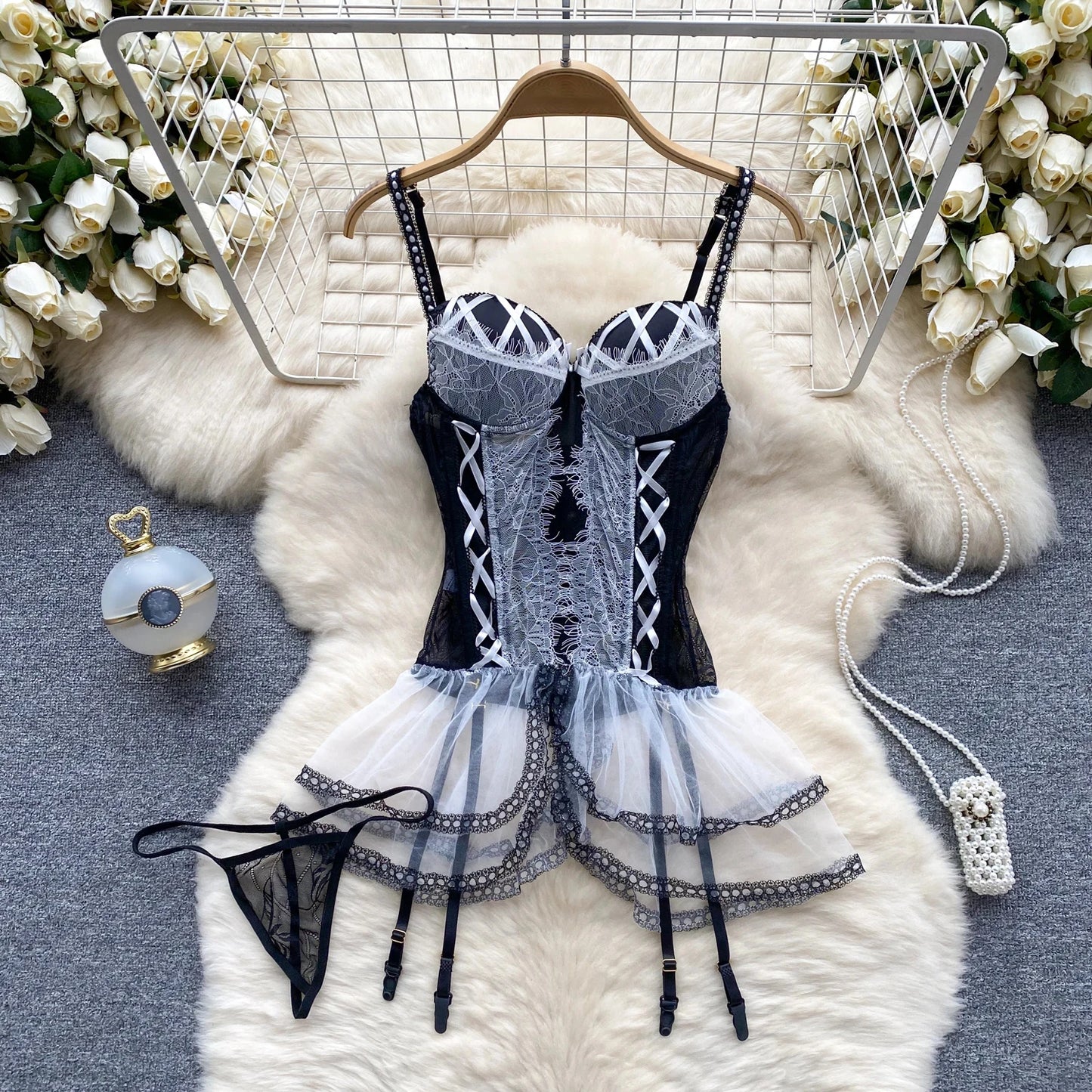 Spring Summer Sexy Lace Mesh Classical Metal Buckle With Hairball Jumpsuit Single-Breasted Eastern Style Stand Collar Bodysuit