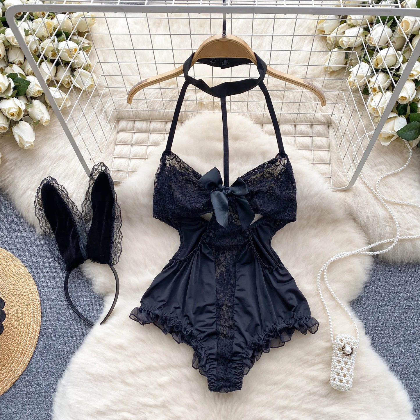 Spring Summer Sexy Lace Mesh Classical Metal Buckle With Hairball Jumpsuit Single-Breasted Eastern Style Stand Collar Bodysuit