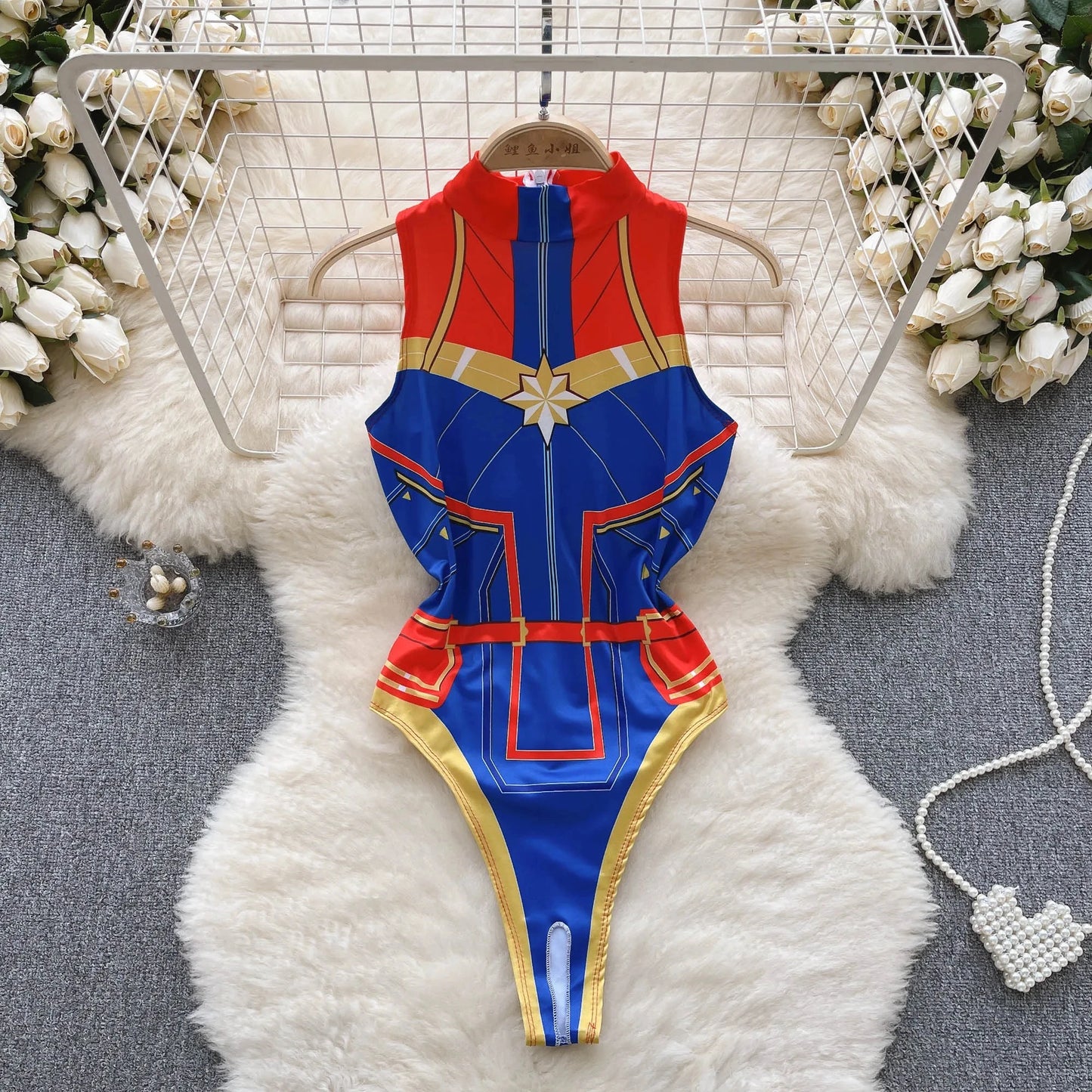 Spring Summer Sexy Lace Mesh Classical Metal Buckle With Hairball Jumpsuit Single-Breasted Eastern Style Stand Collar Bodysuit