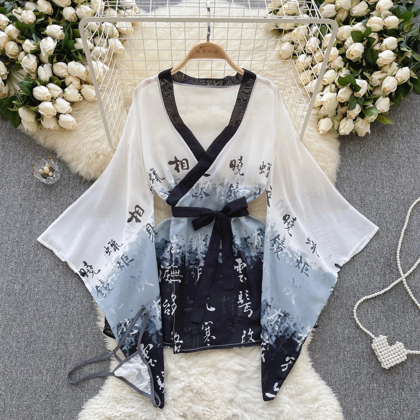 Spring Summer Sexy Lace Mesh Classical Metal Buckle With Hairball Jumpsuit Single-Breasted Eastern Style Stand Collar Bodysuit
