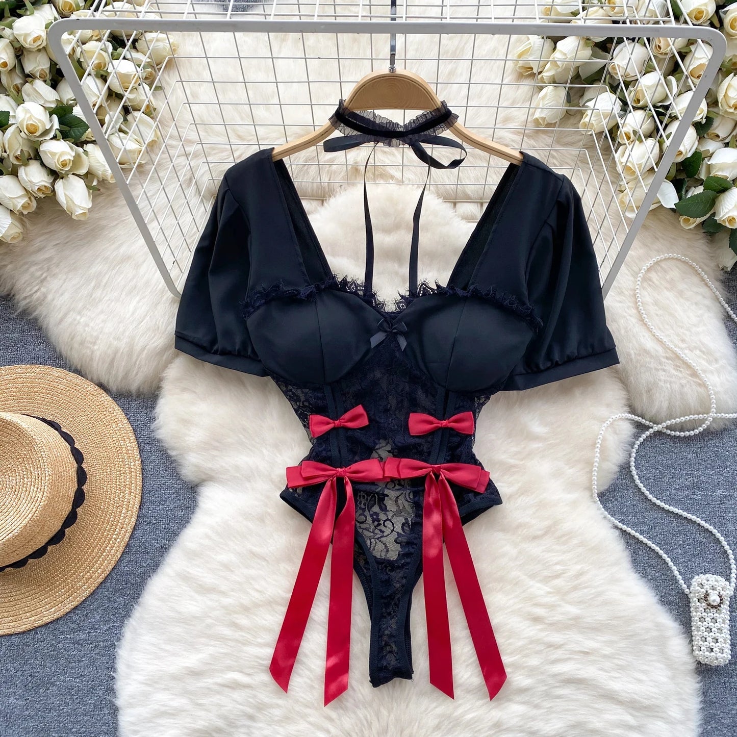 Spring Summer Sexy Lace Mesh Classical Metal Buckle With Hairball Jumpsuit Single-Breasted Eastern Style Stand Collar Bodysuit