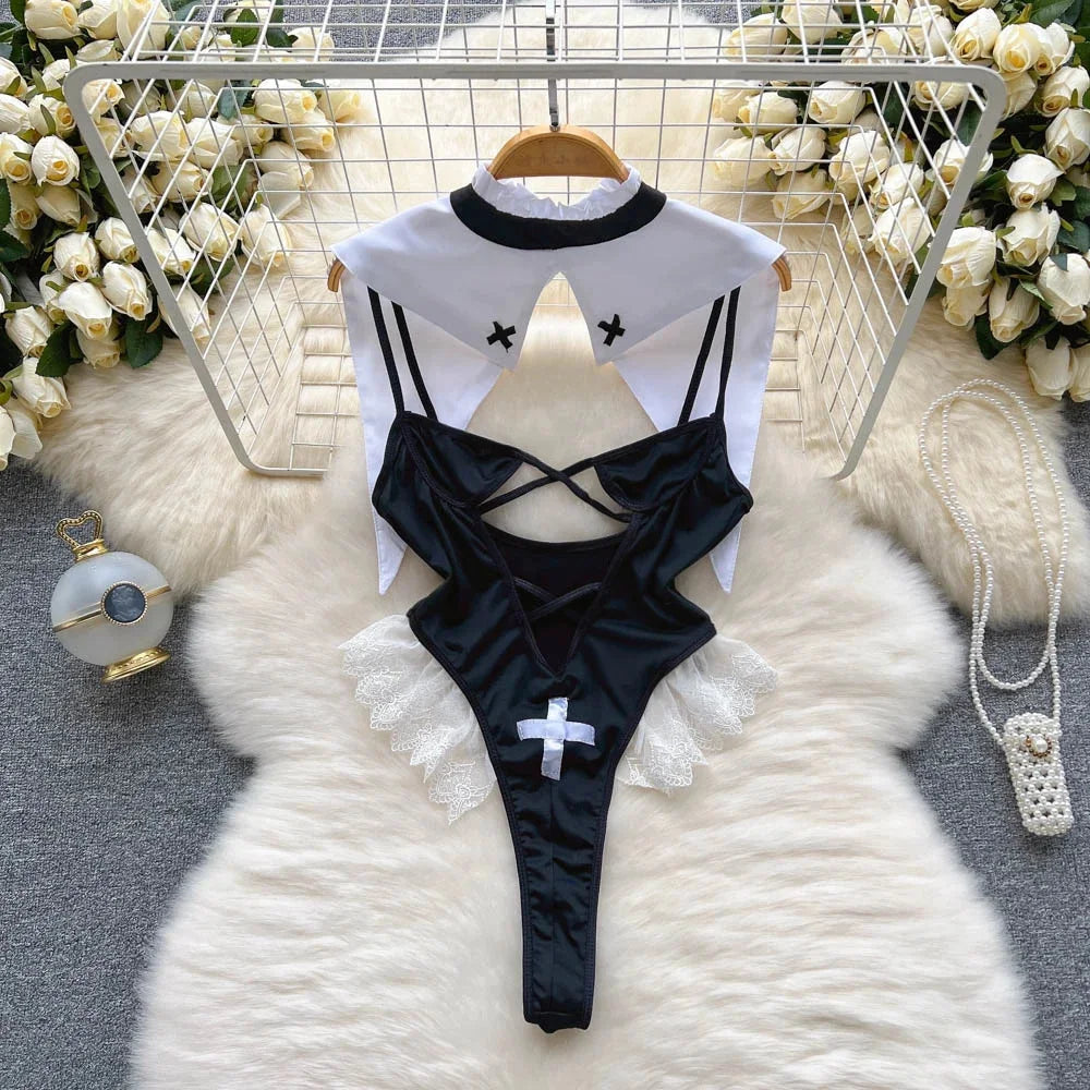 Spring Summer Sexy Lace Mesh Classical Metal Buckle With Hairball Jumpsuit Single-Breasted Eastern Style Stand Collar Bodysuit