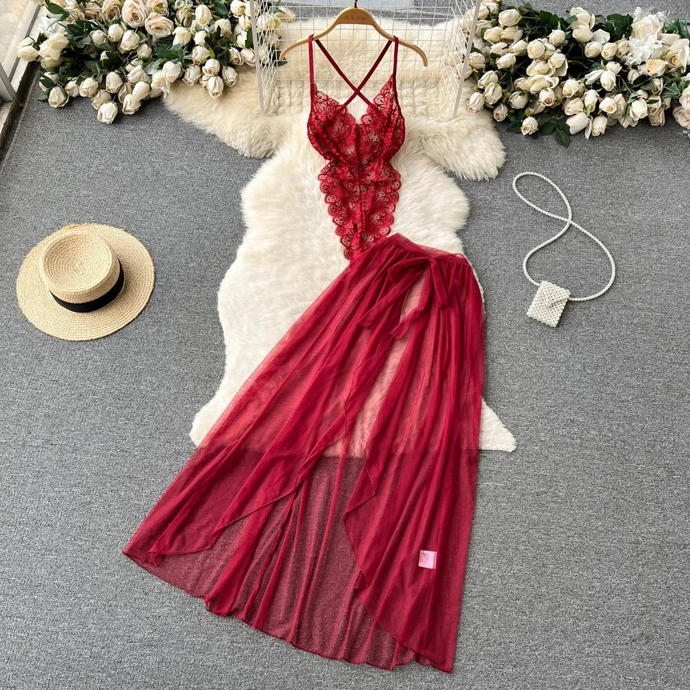 Spring Summer Sexy Lace Mesh Classical Metal Buckle With Hairball Jumpsuit Single-Breasted Eastern Style Stand Collar Bodysuit
