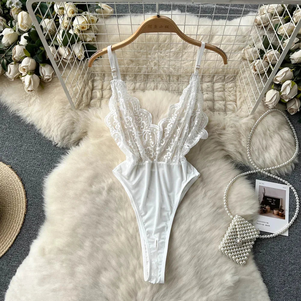Spring Summer Sexy Lace Mesh Classical Metal Buckle With Hairball Jumpsuit Single-Breasted Eastern Style Stand Collar Bodysuit