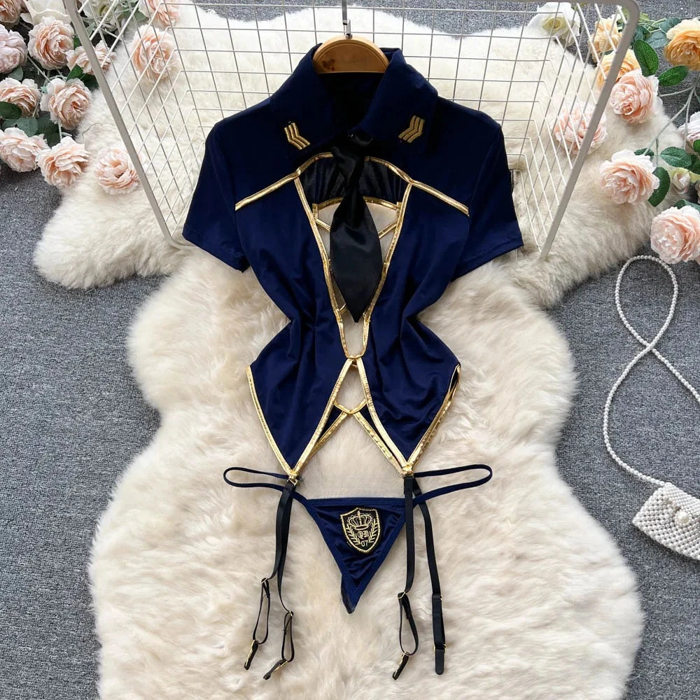 Spring Summer Sexy Lace Mesh Classical Metal Buckle With Hairball Jumpsuit Single-Breasted Eastern Style Stand Collar Bodysuit