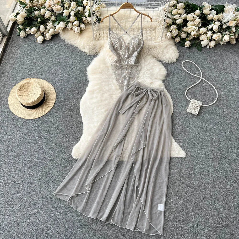 Spring Summer Sexy Lace Mesh Classical Metal Buckle With Hairball Jumpsuit Single-Breasted Eastern Style Stand Collar Bodysuit
