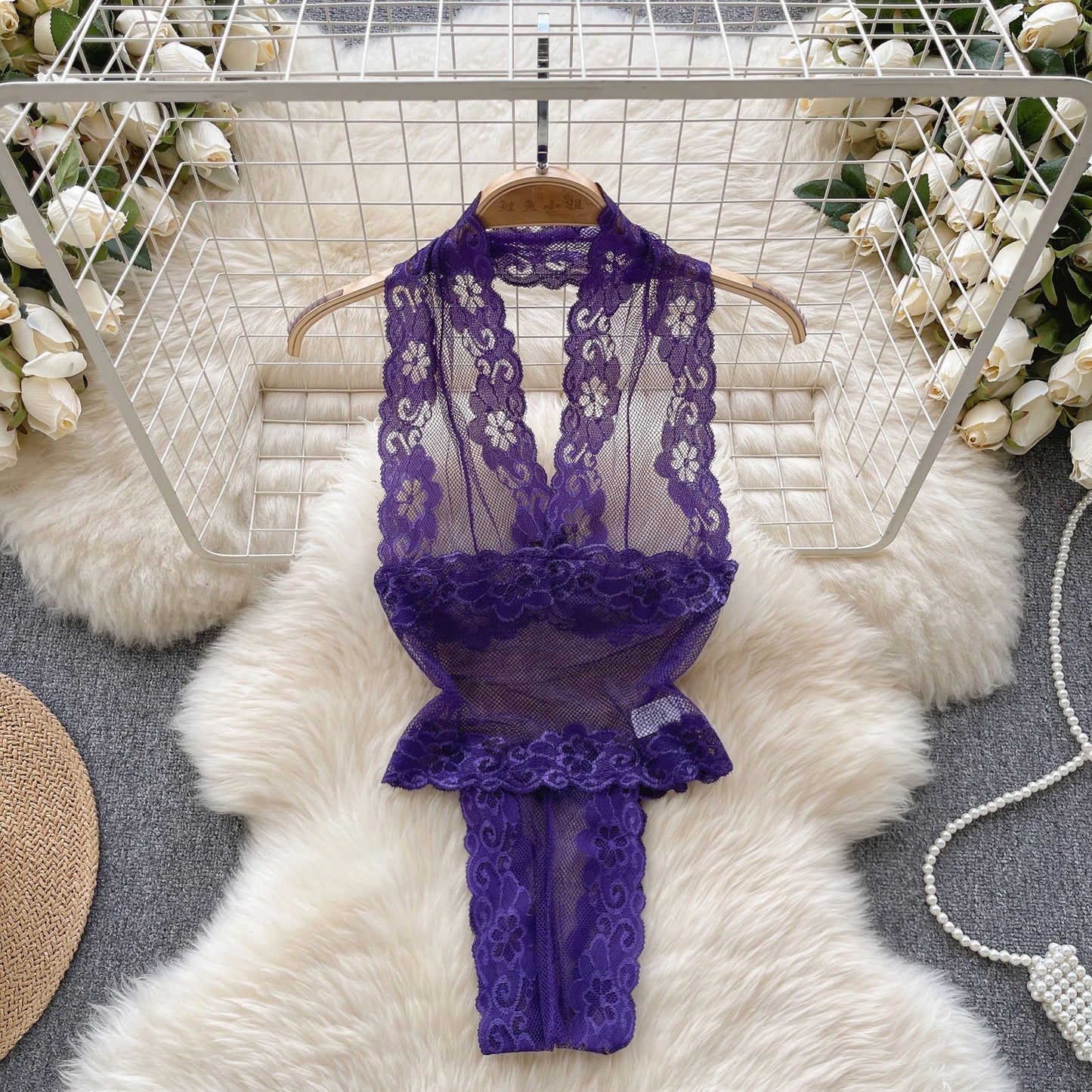 Spring Summer Sexy Lace Mesh Classical Metal Buckle With Hairball Jumpsuit Single-Breasted Eastern Style Stand Collar Bodysuit