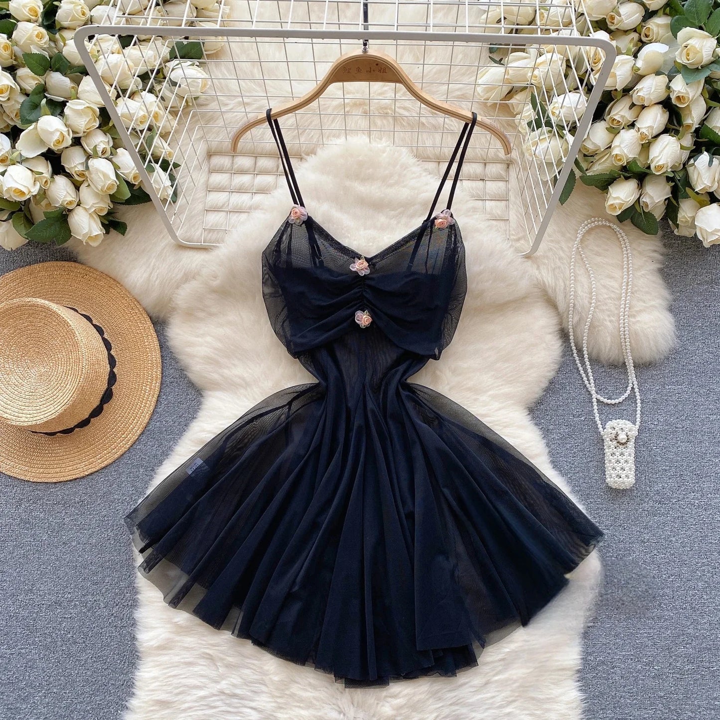 Spring Summer Sexy Lace Mesh Classical Metal Buckle With Hairball Jumpsuit Single-Breasted Eastern Style Stand Collar Bodysuit
