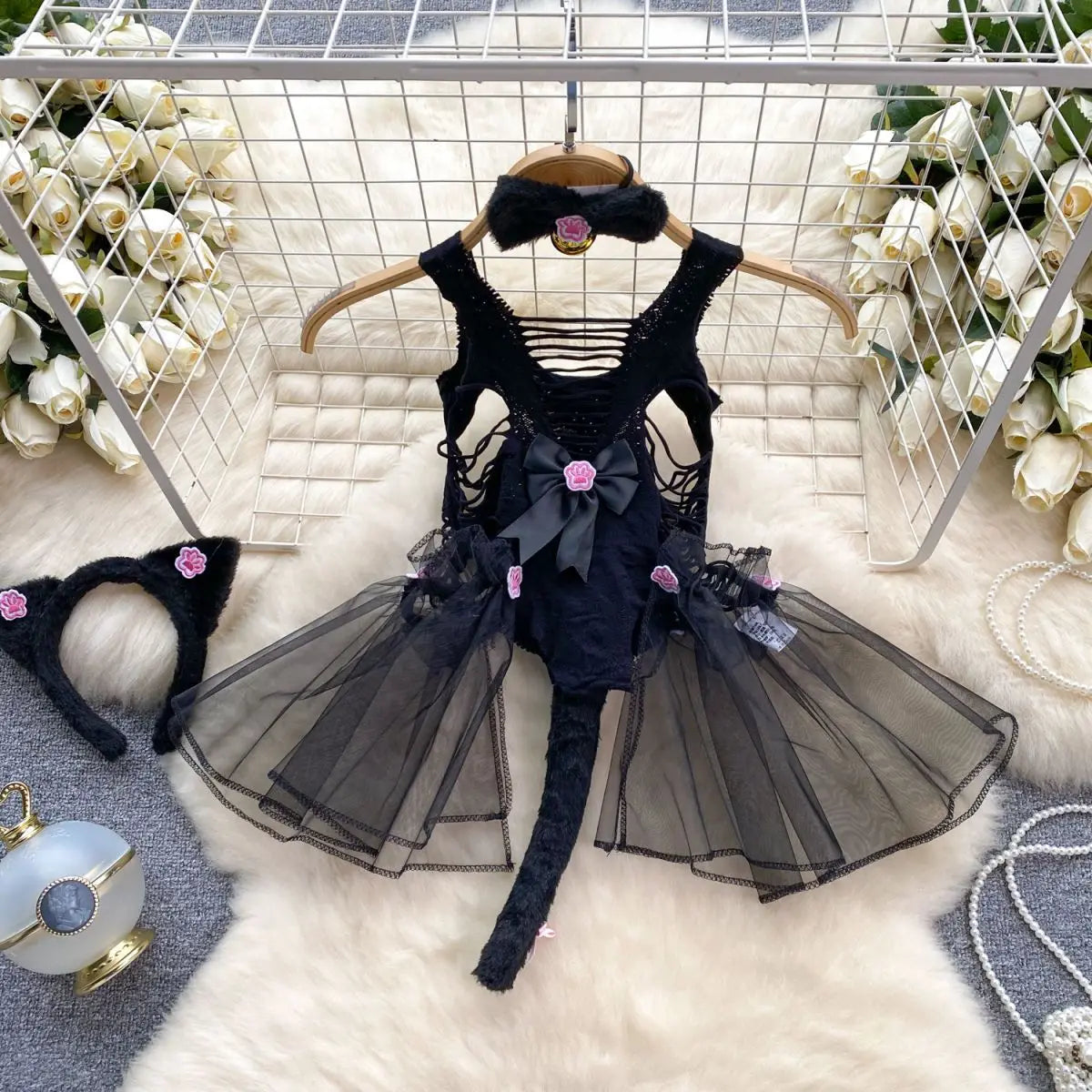 Spring Summer Sexy Lace Mesh Classical Metal Buckle With Hairball Jumpsuit Single-Breasted Eastern Style Stand Collar Bodysuit
