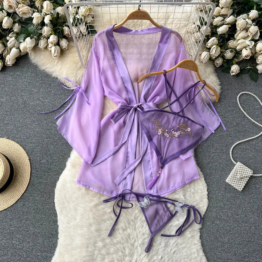 Spring Summer Sexy Lace Mesh Classical Metal Buckle With Hairball Jumpsuit Single-Breasted Eastern Style Stand Collar Bodysuit