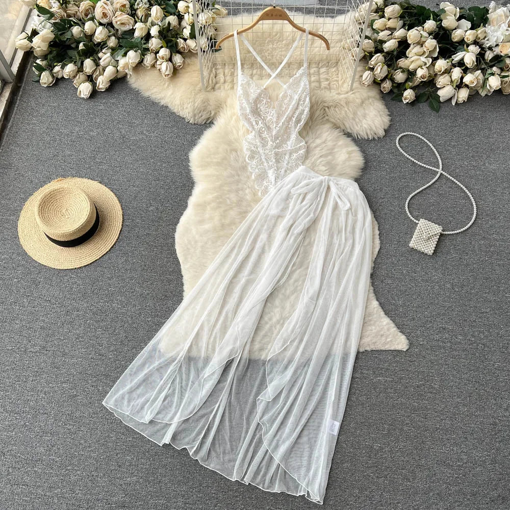 Spring Summer Sexy Lace Mesh Classical Metal Buckle With Hairball Jumpsuit Single-Breasted Eastern Style Stand Collar Bodysuit