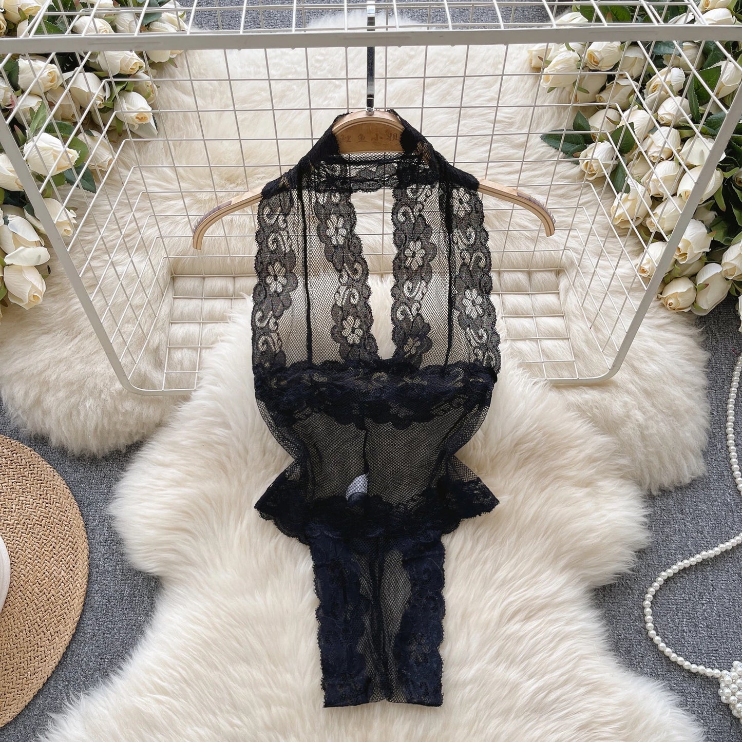 Spring Summer Sexy Lace Mesh Classical Metal Buckle With Hairball Jumpsuit Single-Breasted Eastern Style Stand Collar Bodysuit