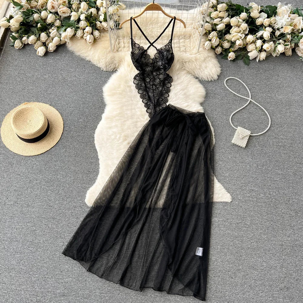 Spring Summer Sexy Lace Mesh Classical Metal Buckle With Hairball Jumpsuit Single-Breasted Eastern Style Stand Collar Bodysuit