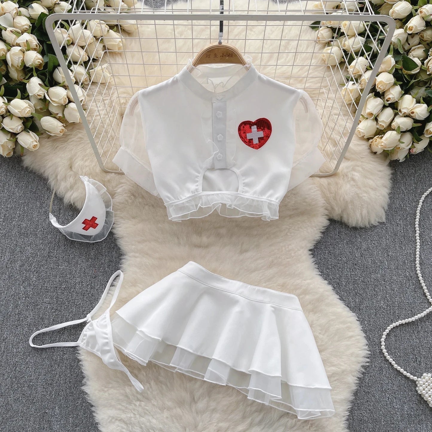 Spring Summer Sexy Lace Mesh Classical Metal Buckle With Hairball Jumpsuit Single-Breasted Eastern Style Stand Collar Bodysuit