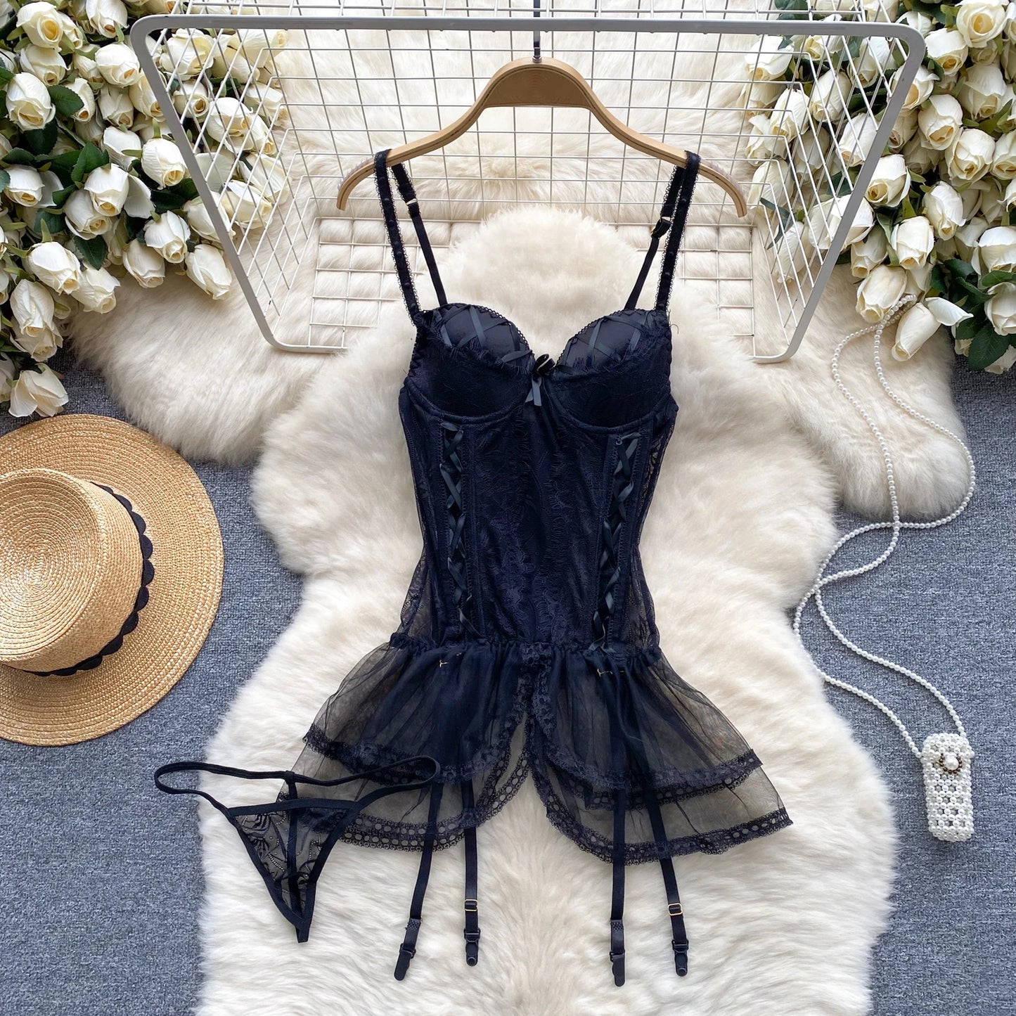 Spring Summer Sexy Lace Mesh Classical Metal Buckle With Hairball Jumpsuit Single-Breasted Eastern Style Stand Collar Bodysuit