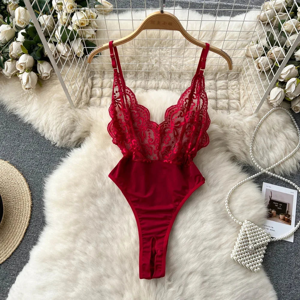 Spring Summer Sexy Lace Mesh Classical Metal Buckle With Hairball Jumpsuit Single-Breasted Eastern Style Stand Collar Bodysuit
