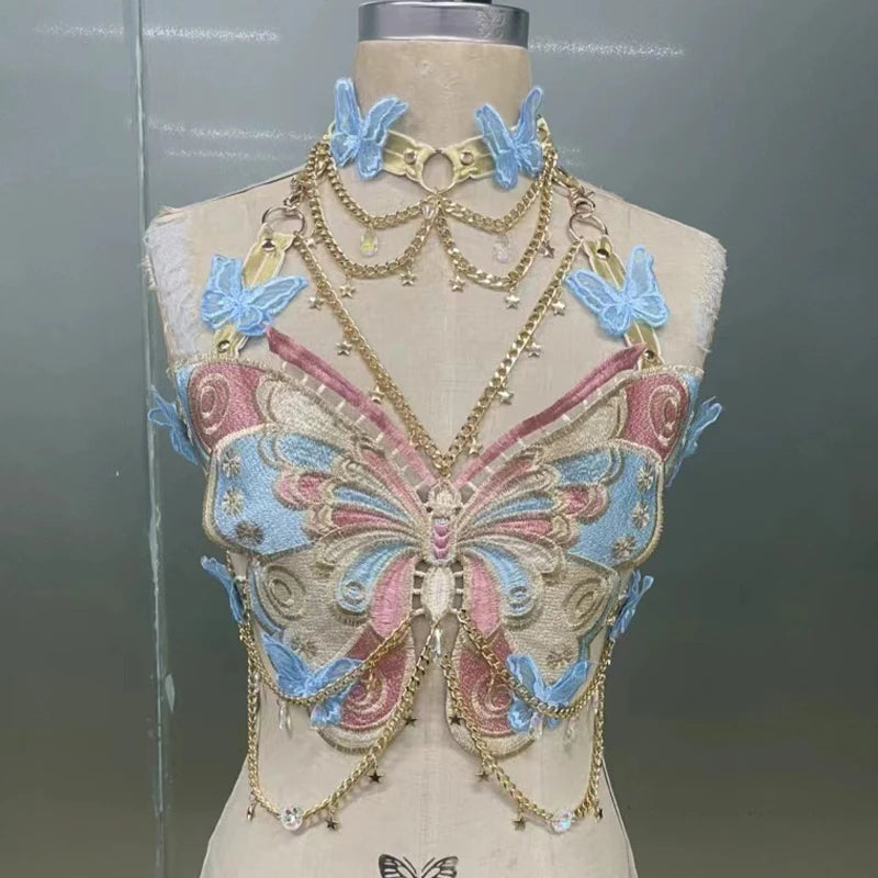 Women's Butterfly Embroidered Top Crystal Chain Sleeveless Cropped Top Camisole Backless Adjustable Sexy Beach Holiday Y2K Top