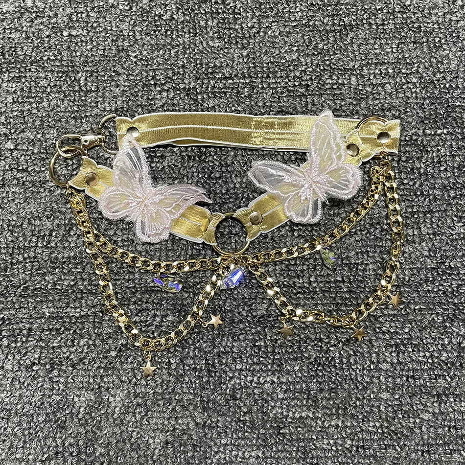 Women's Butterfly Embroidered Top Crystal Chain Sleeveless Cropped Top Camisole Backless Adjustable Sexy Beach Holiday Y2K Top
