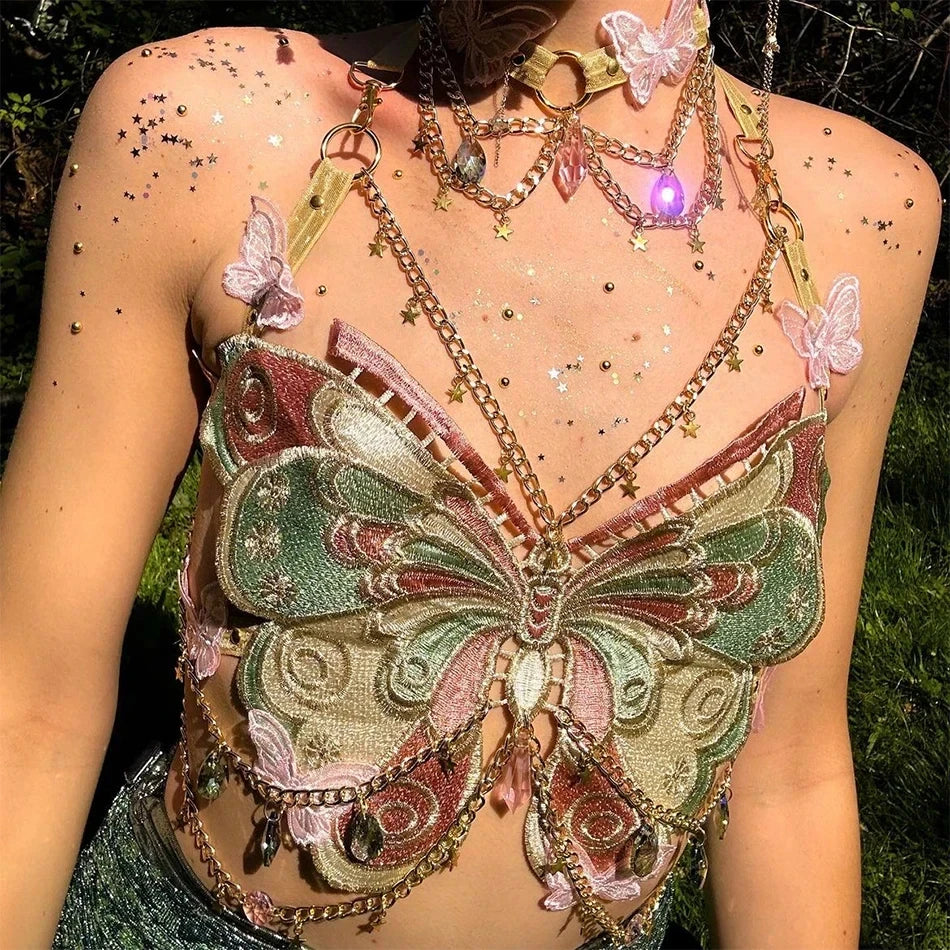 Women's Butterfly Embroidered Top Crystal Chain Sleeveless Cropped Top Camisole Backless Adjustable Sexy Beach Holiday Y2K Top