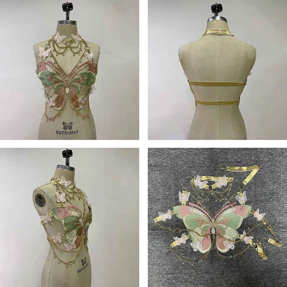 Women's Butterfly Embroidered Top Crystal Chain Sleeveless Cropped Top Camisole Backless Adjustable Sexy Beach Holiday Y2K Top