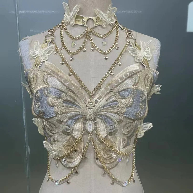 Women's Butterfly Embroidered Top Crystal Chain Sleeveless Cropped Top Camisole Backless Adjustable Sexy Beach Holiday Y2K Top