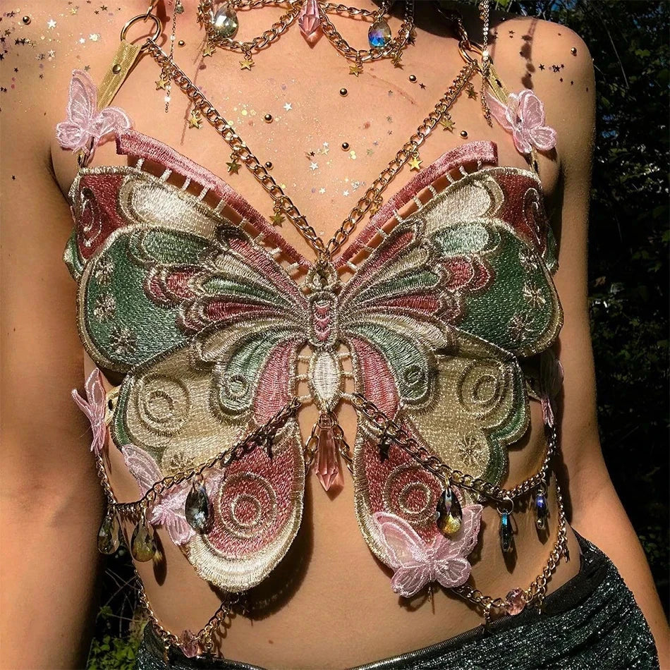 Women's Butterfly Embroidered Top Crystal Chain Sleeveless Cropped Top Camisole Backless Adjustable Sexy Beach Holiday Y2K Top