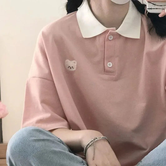 Bear Embroidery Preppy Style Polo Shirts Female T Shirt Short Sleeve Summer Women Tshirt Cotton Cute Tee Loose Oversized Teens