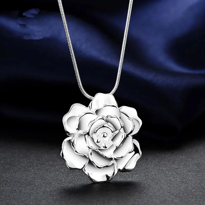 DOTEFFIL 925 Sterling Silver 16-30 Inch Snake Chain Flower Pendant Necklace For Women Fashion Wedding Party Charm Jewelry