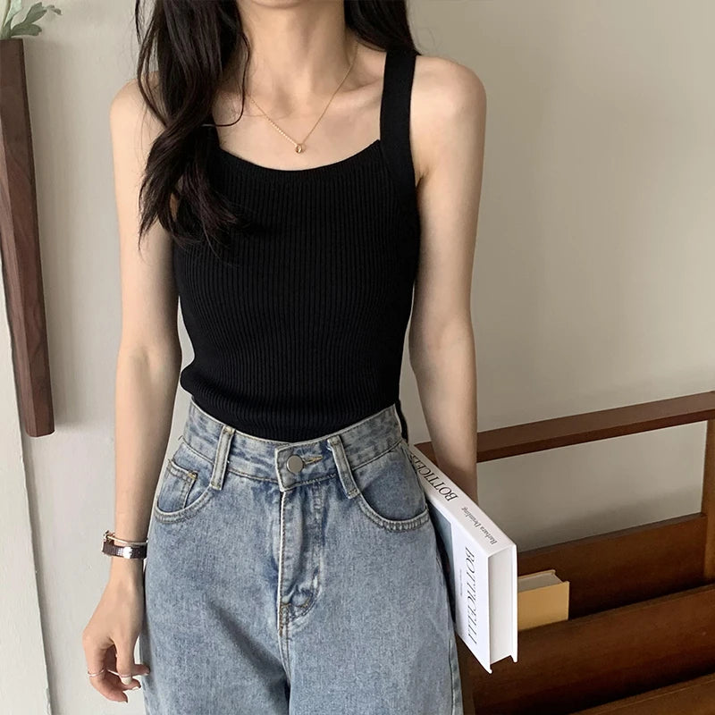 HELIAR Femmes Hauts unis Débardeurs tricotés Mode Mignon Basique Crop Tops Femmes O-cou Uni Crop Tops Été 2024