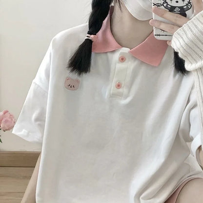Bear Embroidery Preppy Style Polo Shirts Female T Shirt Short Sleeve Summer Women Tshirt Cotton Cute Tee Loose Oversized Teens