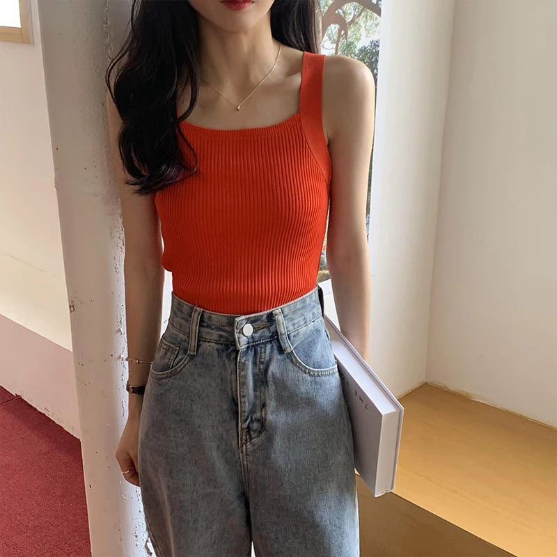 HELIAR Femmes Hauts unis Débardeurs tricotés Mode Mignon Basique Crop Tops Femmes O-cou Uni Crop Tops Été 2024