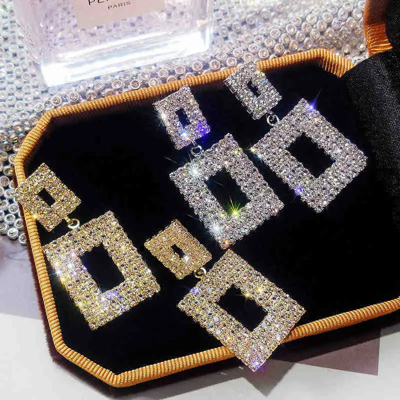 Pendientes colgantes de cristal brillante de lujo, color dorado y plateado, con diamantes de imitación cuadrados, para mujer, joyería para bodas y fiestas.