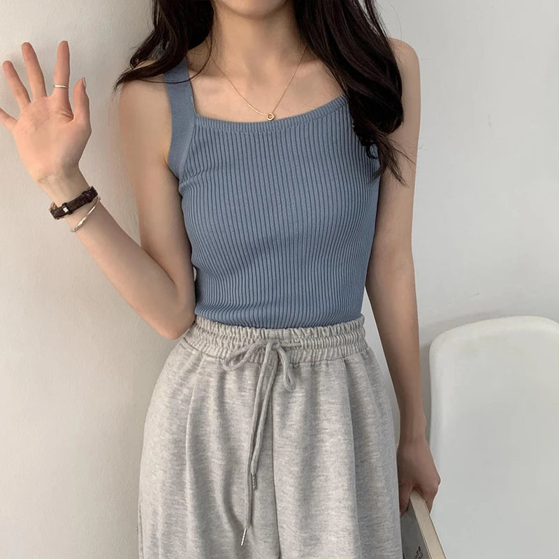 HELIAR Femmes Hauts unis Débardeurs tricotés Mode Mignon Basique Crop Tops Femmes O-cou Uni Crop Tops Été 2024