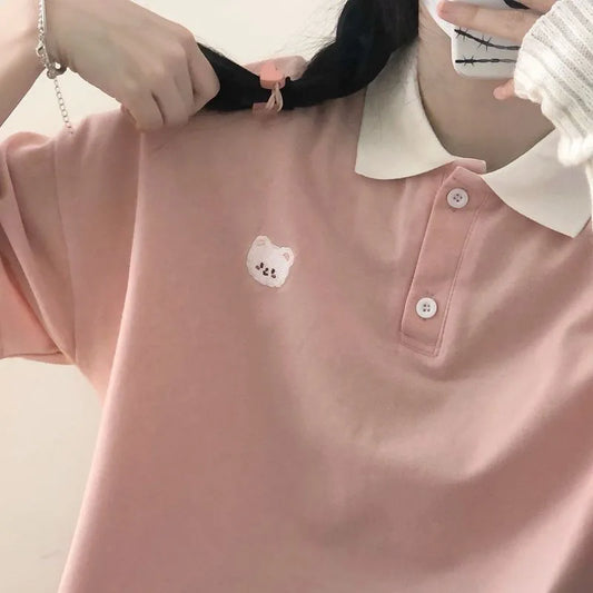 Bear Embroidery Preppy Style Polo Shirts Female T Shirt Short Sleeve Summer Women Tshirt Cotton Cute Tee Loose Oversized Teens