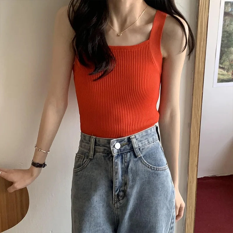 HELIAR Femmes Hauts unis Débardeurs tricotés Mode Mignon Basique Crop Tops Femmes O-cou Uni Crop Tops Été 2024