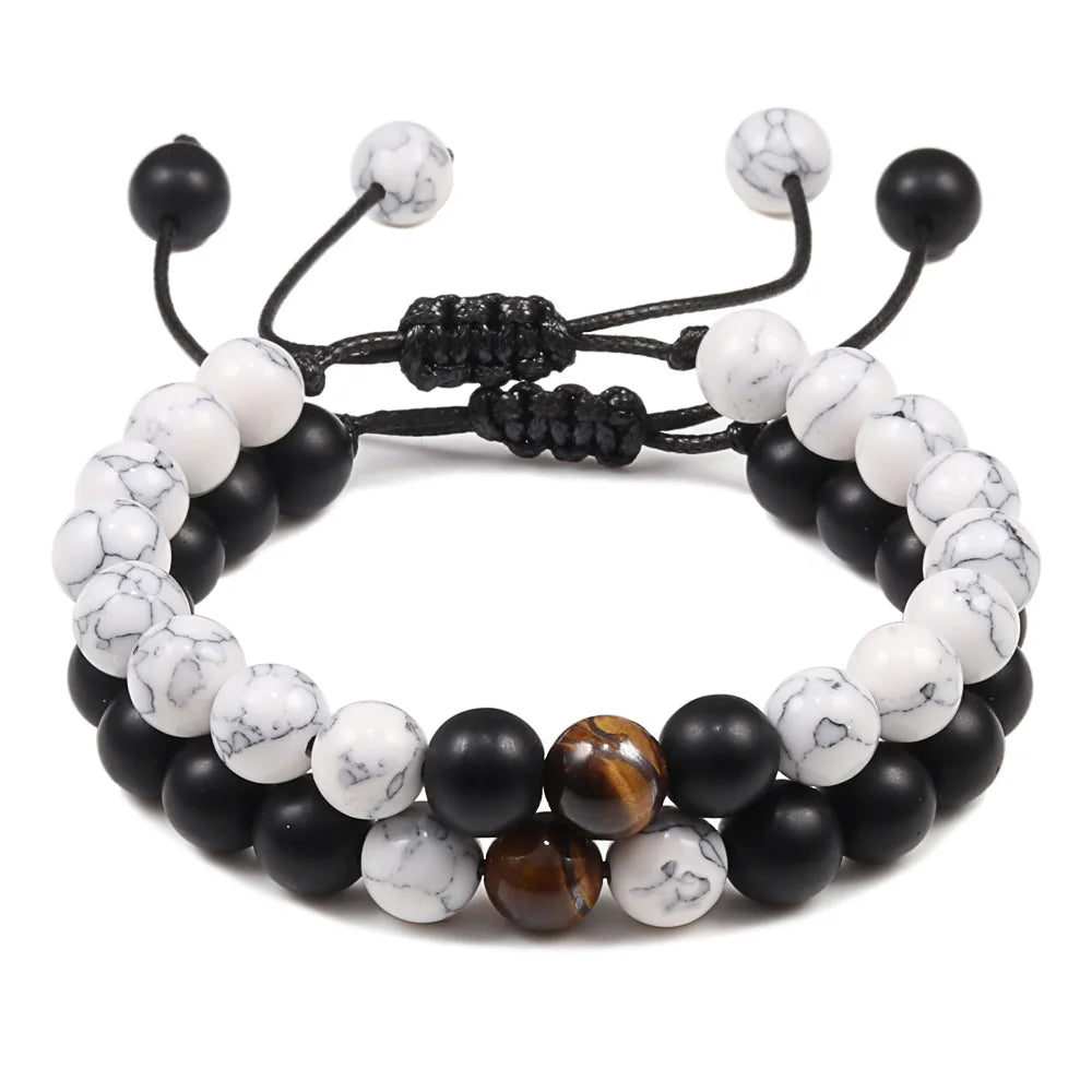 2PCS/Set Braided Bracelets Men Natural Stone YingYang Lava Bead Bracelet Yoga Bangles Best Friend Jewelry Couple Gift Set Unisex