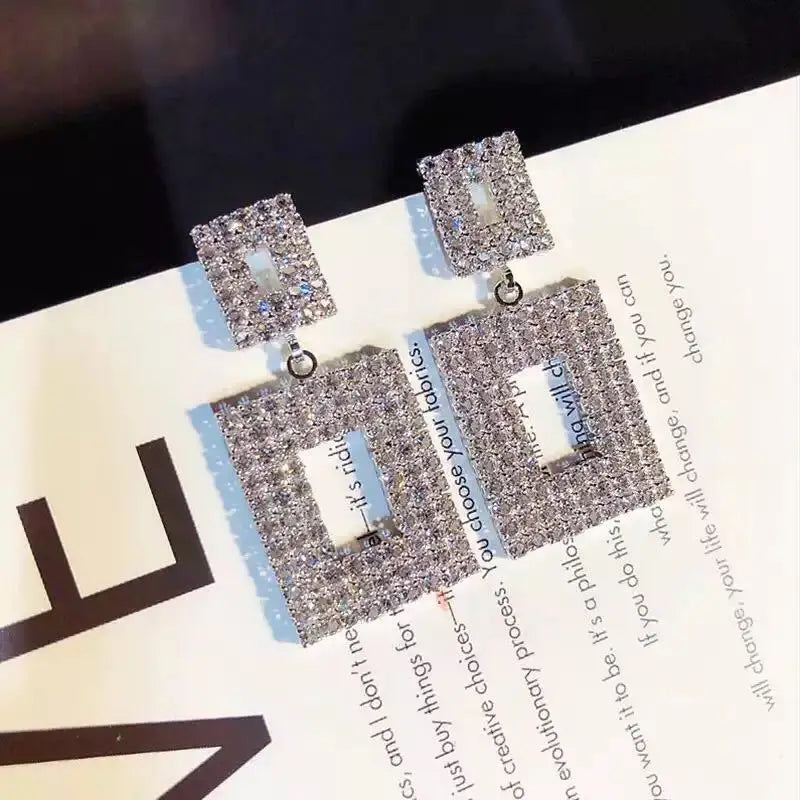 Pendientes colgantes de cristal brillante de lujo, color dorado y plateado, con diamantes de imitación cuadrados, para mujer, joyería para bodas y fiestas.