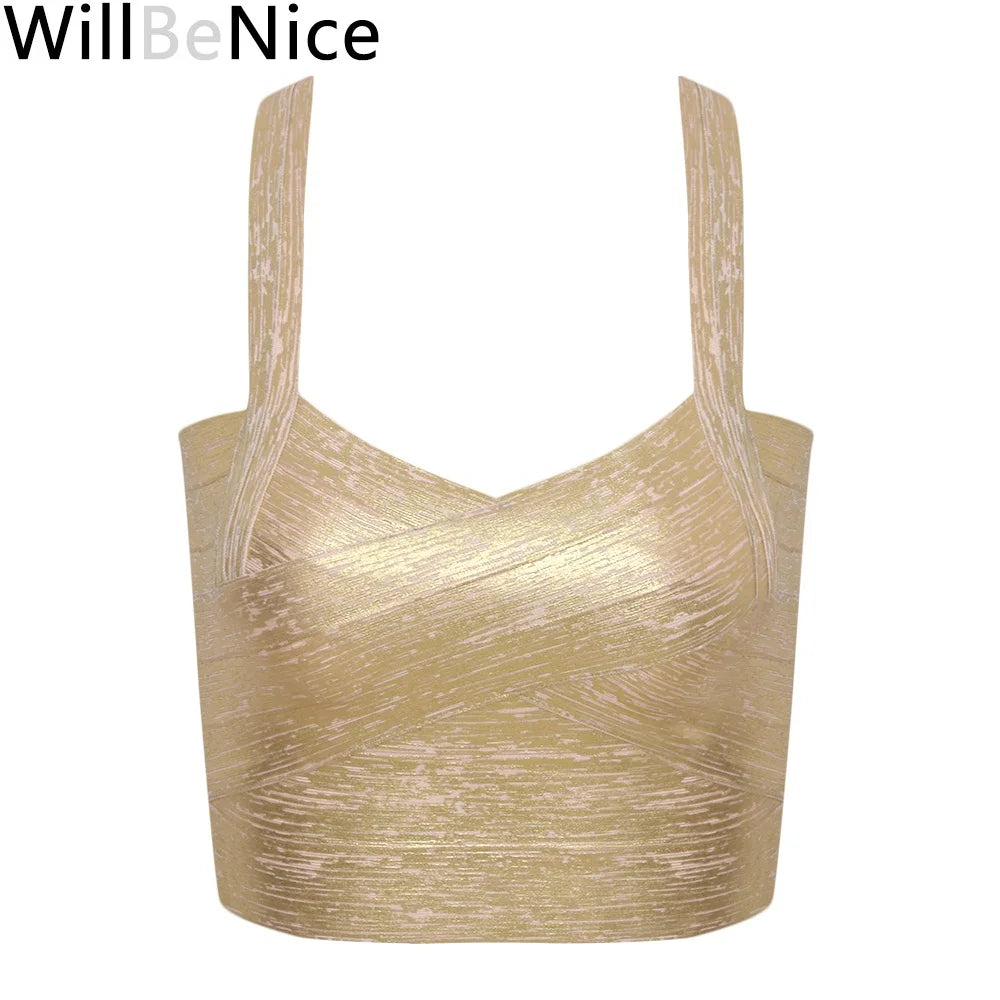 WillBeNice Luxury Autumn Sexy Gold Silver Women Bandage Tops Spaghetti Strap Bandage V Vest Tank Camis Knitted Bandage Club Vest