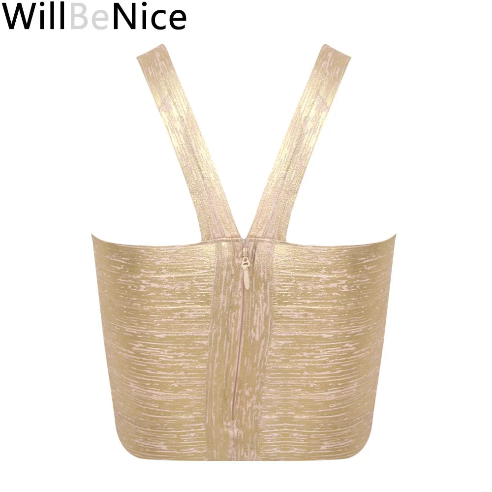 WillBeNice Luxury Autumn Sexy Gold Silver Women Bandage Tops Spaghetti Strap Bandage V Vest Tank Camis Knitted Bandage Club Vest
