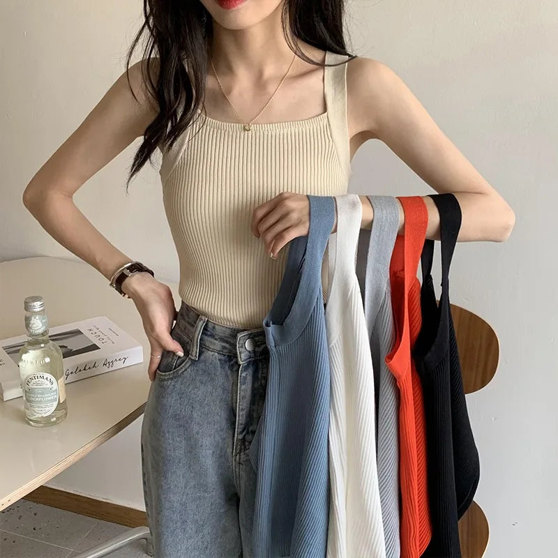 HELIAR Femmes Hauts unis Débardeurs tricotés Mode Mignon Basique Crop Tops Femmes O-cou Uni Crop Tops Été 2024