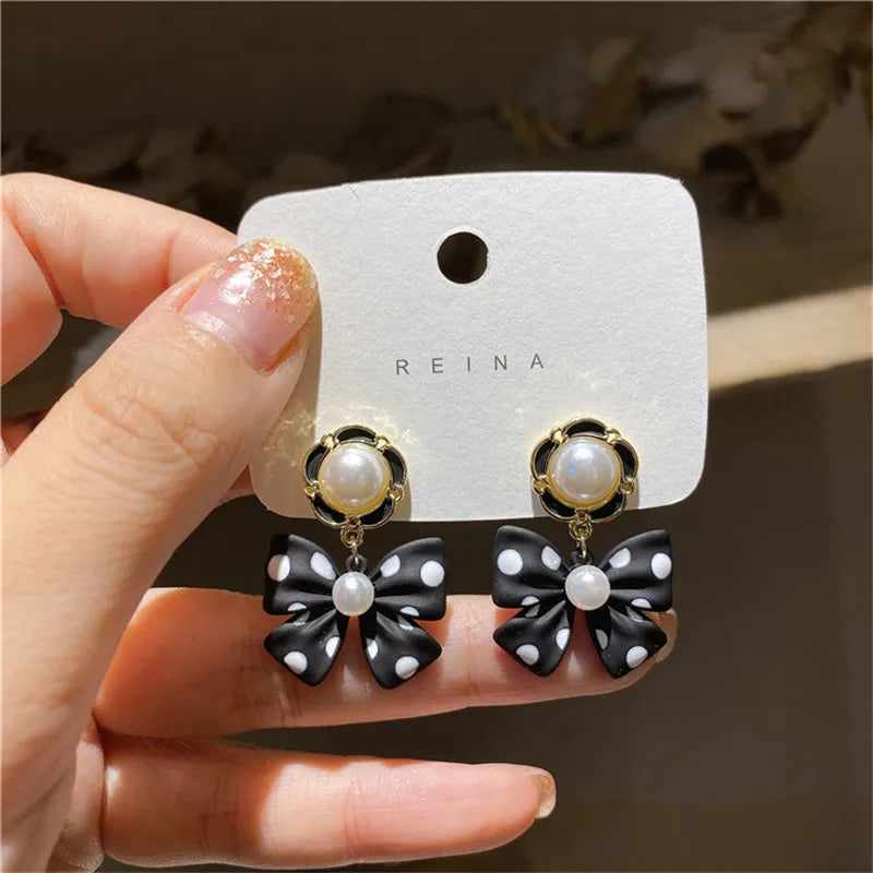 New Korean Elegant Cute Bowknot Earrings for Women Fashion Pearl Flower Drop Earrings Boucle D'oreille Wedding Party Jewelry