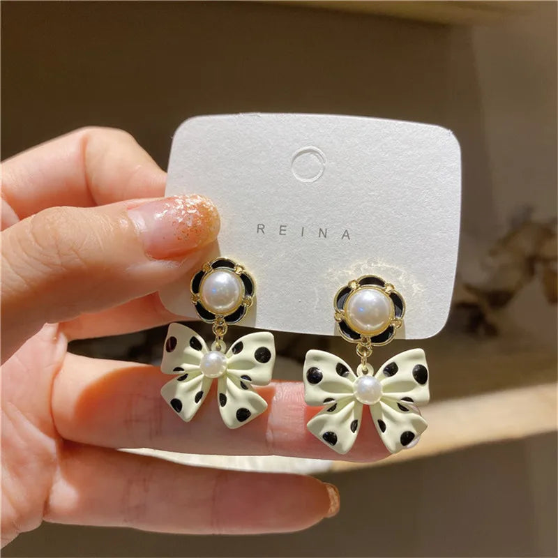 New Korean Elegant Cute Bowknot Earrings for Women Fashion Pearl Flower Drop Earrings Boucle D'oreille Wedding Party Jewelry