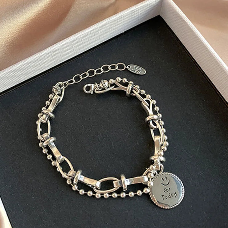 Mewanry Silver Color Bracelet for Women Trend Vintage Hip Hop Creative Double Chain Smile Round Jewelry Gifts Wholesale