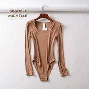 BRADELY MICHELLE Sexy Women Autumn Slim Long Sleeve Square Neck Knitted Tops Bodycon Bodysuits with Hidden Button