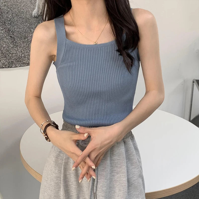 HELIAR Femmes Hauts unis Débardeurs tricotés Mode Mignon Basique Crop Tops Femmes O-cou Uni Crop Tops Été 2024