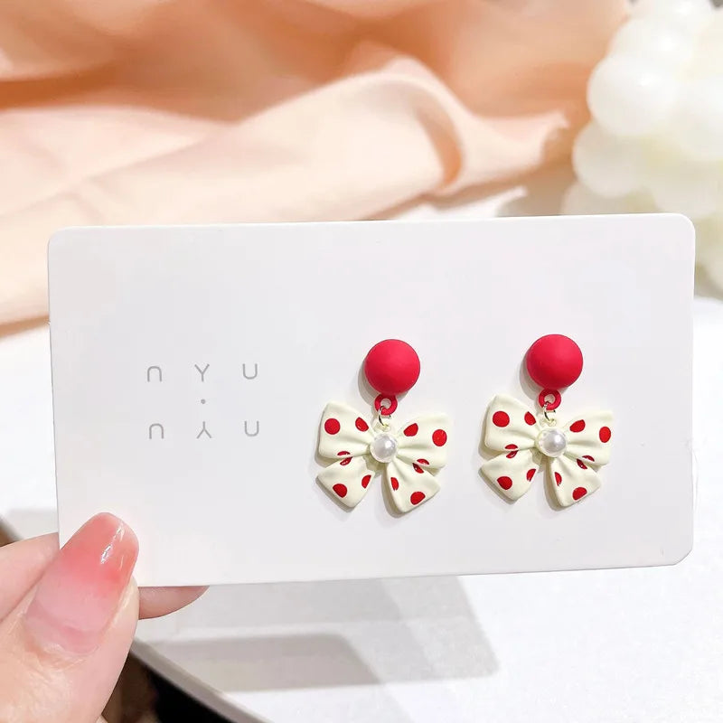 New Korean Elegant Cute Bowknot Earrings for Women Fashion Pearl Flower Drop Earrings Boucle D'oreille Wedding Party Jewelry