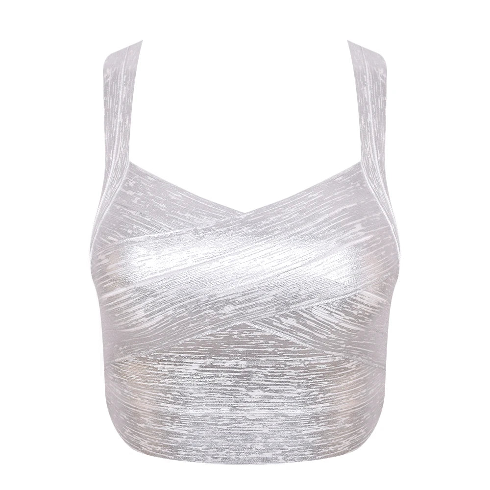 WillBeNice Luxury Autumn Sexy Gold Silver Women Bandage Tops Spaghetti Strap Bandage V Vest Tank Camis Knitted Bandage Club Vest