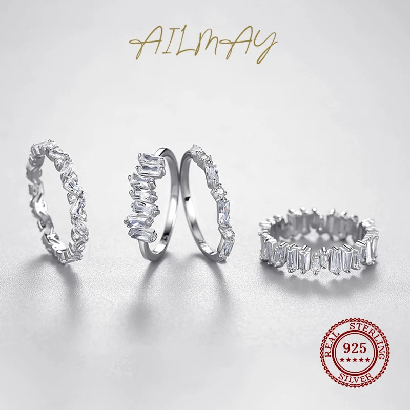 Anillo trapezoidal Ailmay con circonita cúbica transparente brillante de plata de ley 925 para mujer, ideal para bodas, compromisos y joyería fina femenina.