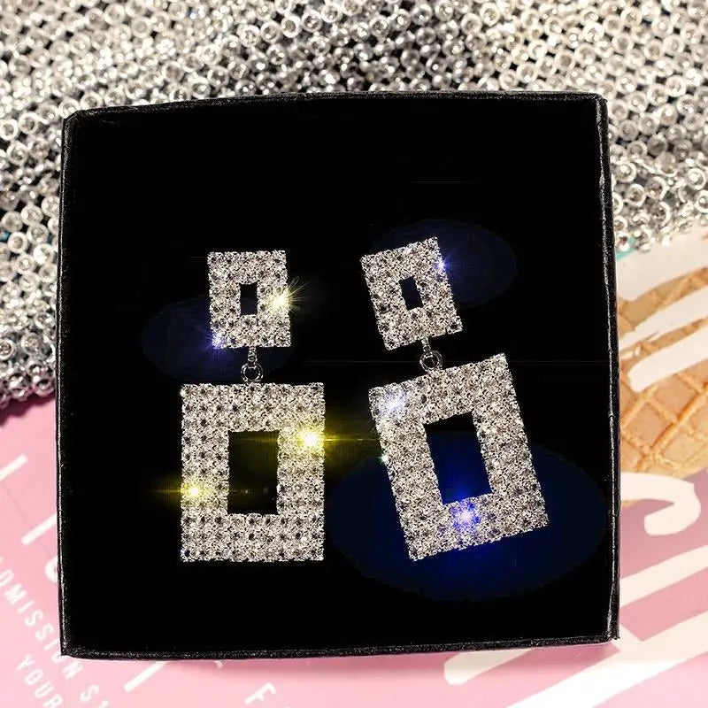 Pendientes colgantes de cristal brillante de lujo, color dorado y plateado, con diamantes de imitación cuadrados, para mujer, joyería para bodas y fiestas.