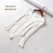 BRADELY MICHELLE Sexy Women Autumn Slim Long Sleeve Square Neck Knitted Tops Bodycon Bodysuits with Hidden Button